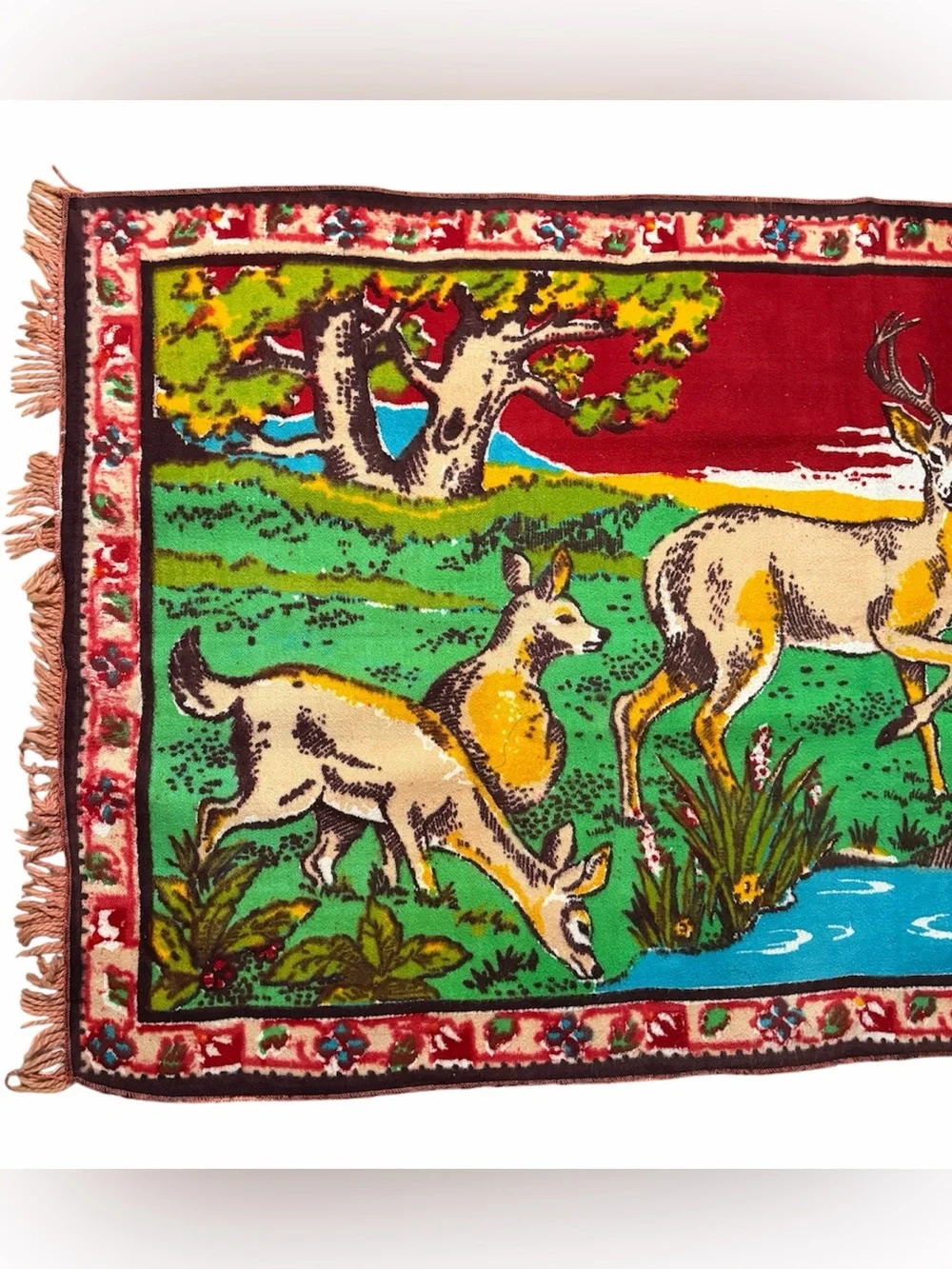 Vintage Ozmekik T.K. Deer Tapestry Wall Hanging Rug Fringe 50” x 27” Colorful